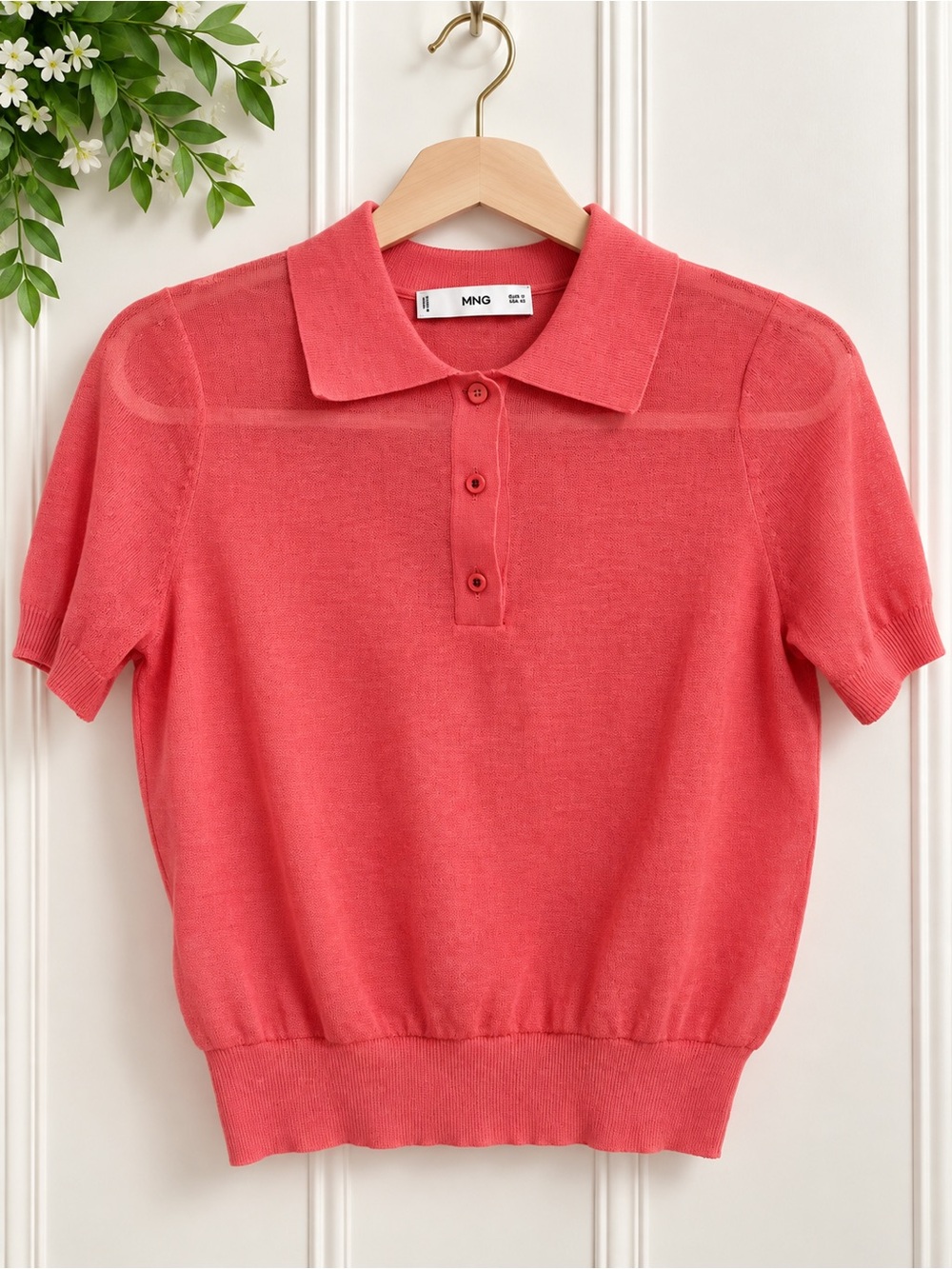 Mango MNG Coral Pink Sheer Knit Polo Top Size S